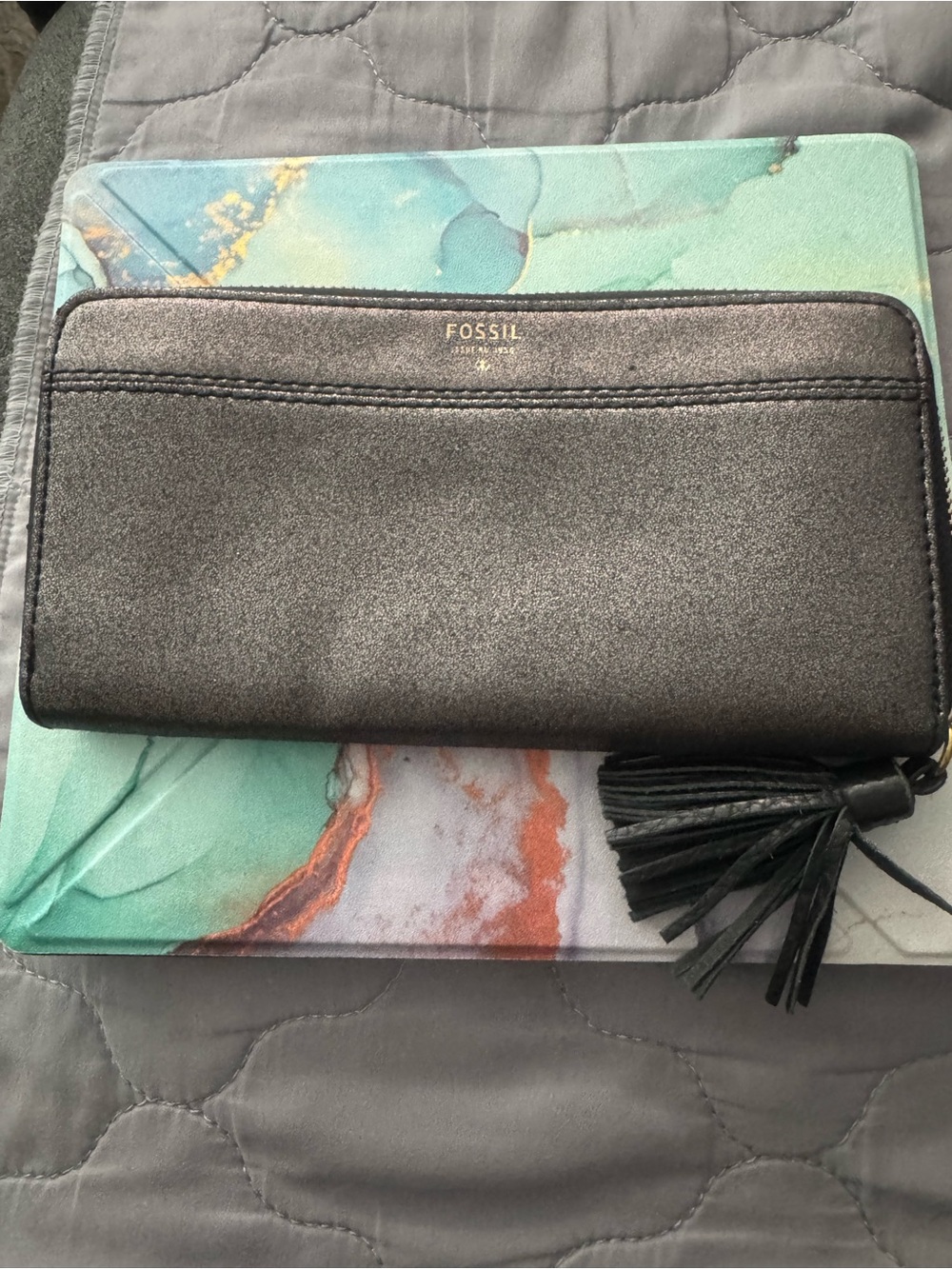 Fossil Metallic Charcoal Zip Wallet with Tassel